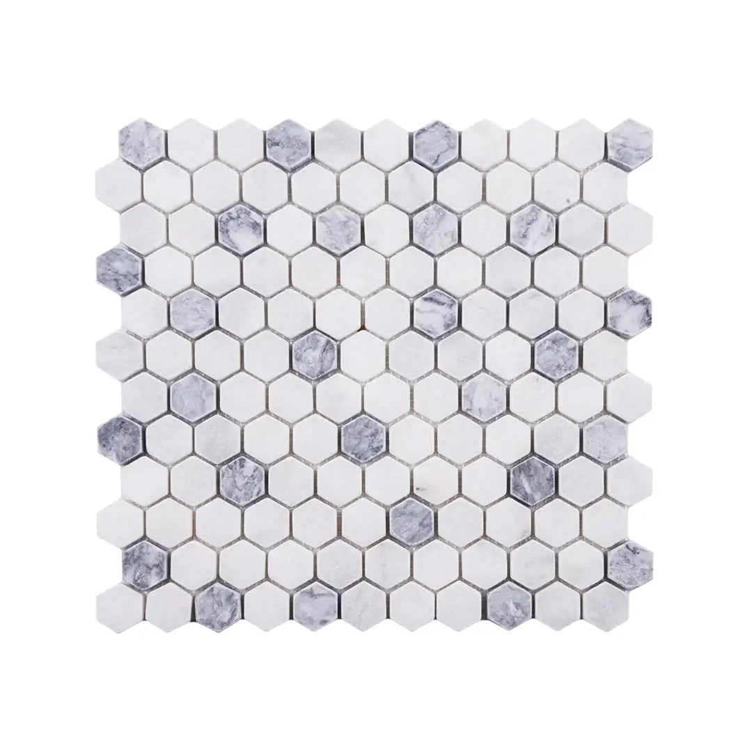 1 Inch Hexagon Mugla White-Silver Tumbled Marble Mosaic Tiles