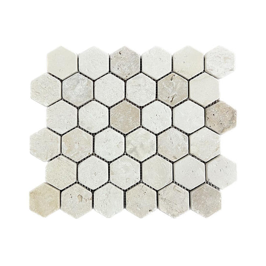 Hexagon Fossil Limestone - Rustic Tumbled Travertine Mosaic Tiles