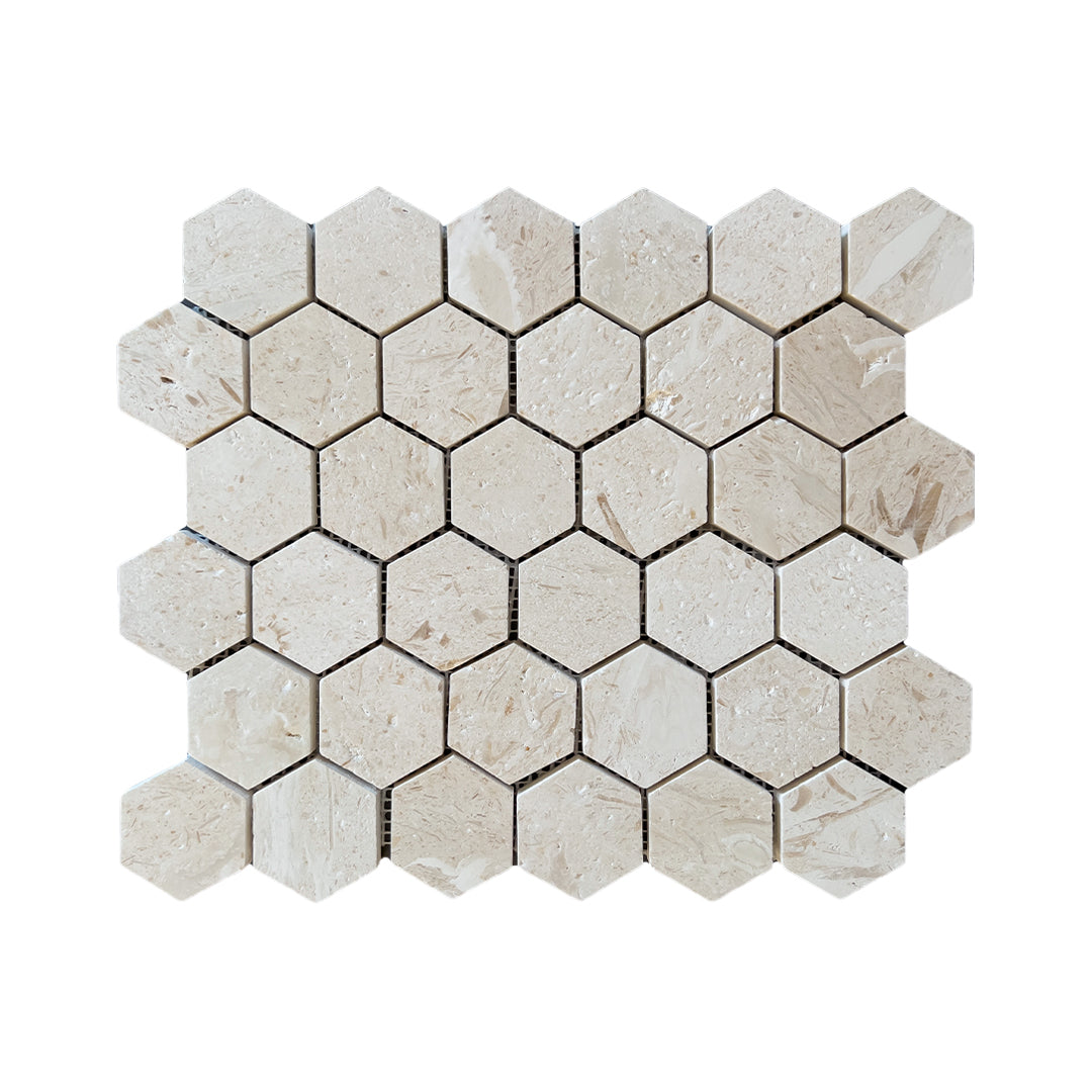 2 Inch Hexagon Fossil Lımestone Brushed Marble Mosaic Tiles