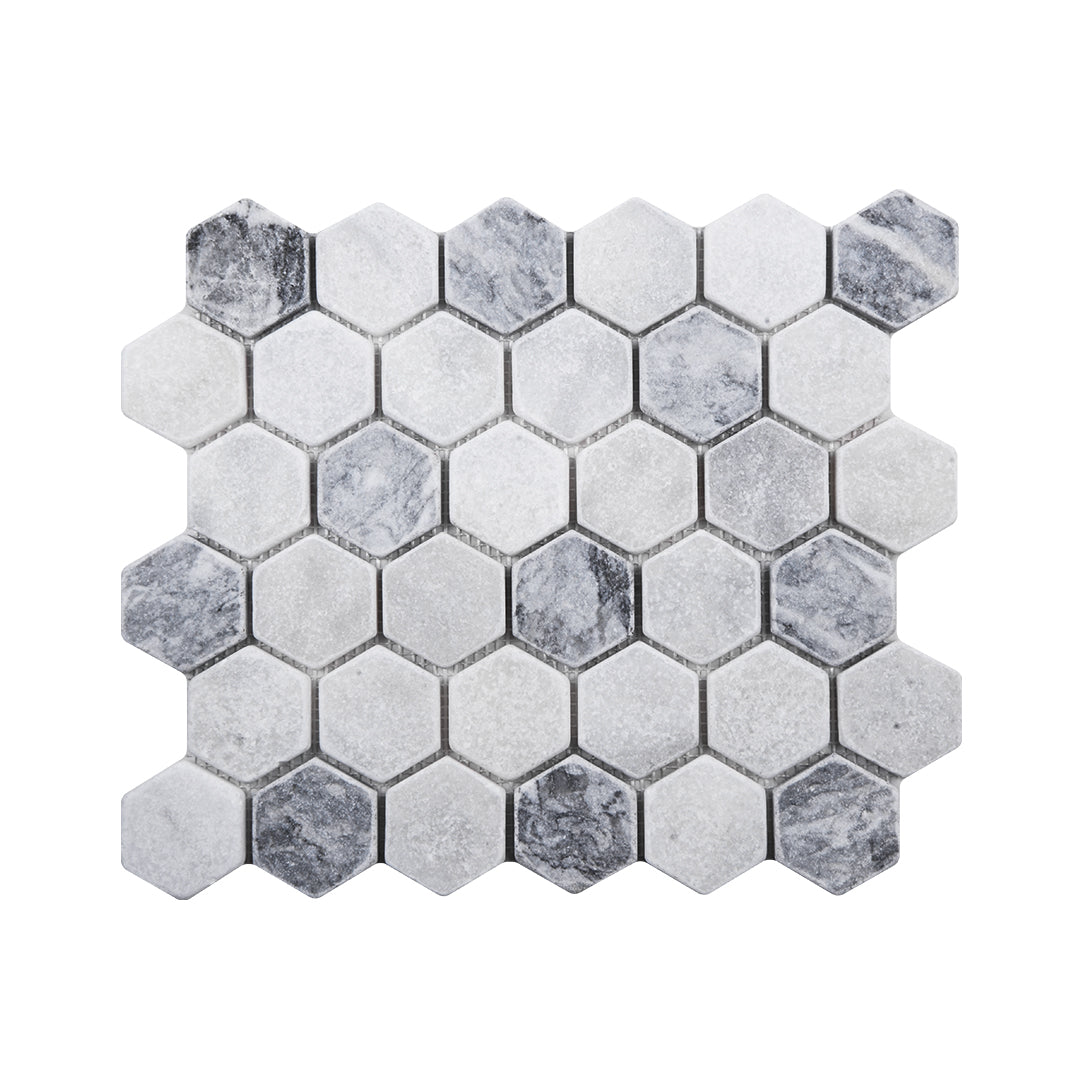 2 Inch Hexagon Mugla White - Silver Tumbled Marble Mosaic Tiles