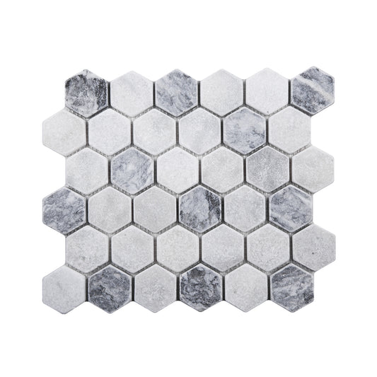 Hexagon White - Silver Tumbled Marble Mosaic Tiles
