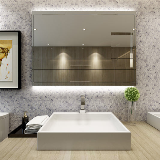 Carrara White Tumbled Marble Hexagon Mosaic Tile Bathroom Installation