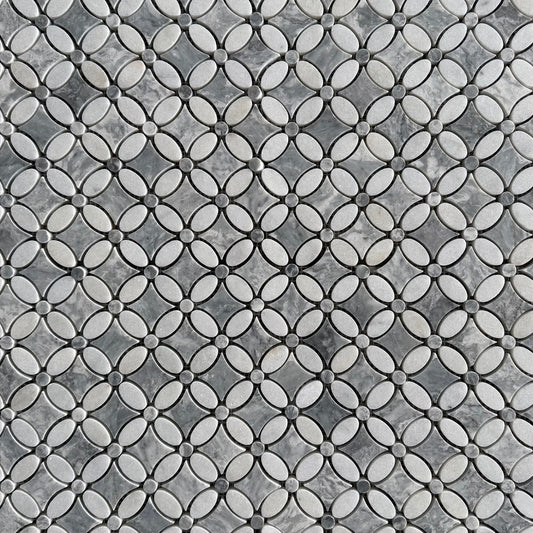 Carrara White – Platinum Grey Polished Marble Flower Mosaic Tiles