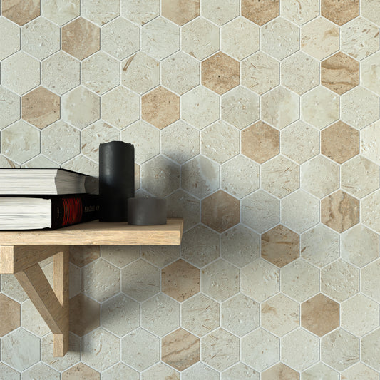 Hexagon Limestone - Valencia Brushed Travertine Mosaic Tile