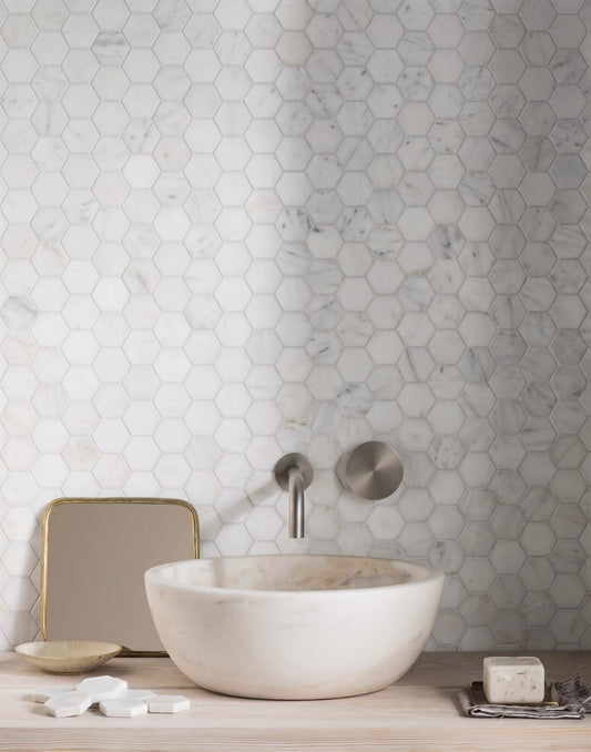 Carrara White Honed Marble Hexagon Mosaic Tiles 48x48