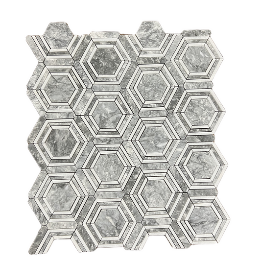 Framed Hexagon Carrara White Platinum Grey Honed Marble Mosaic Tile Bathroom Installation