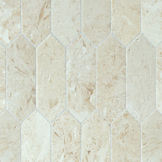 Myra Beige Brushed Limestone Picket Mosaic Tiles Bathroom Installation