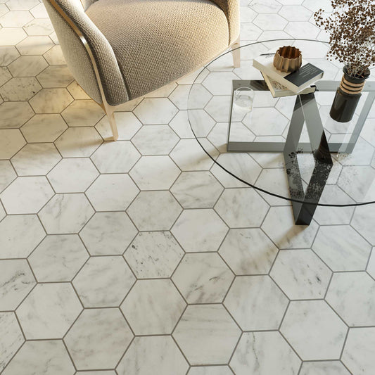 Hexagon Carrara Honed Marble Mosaic Tiles