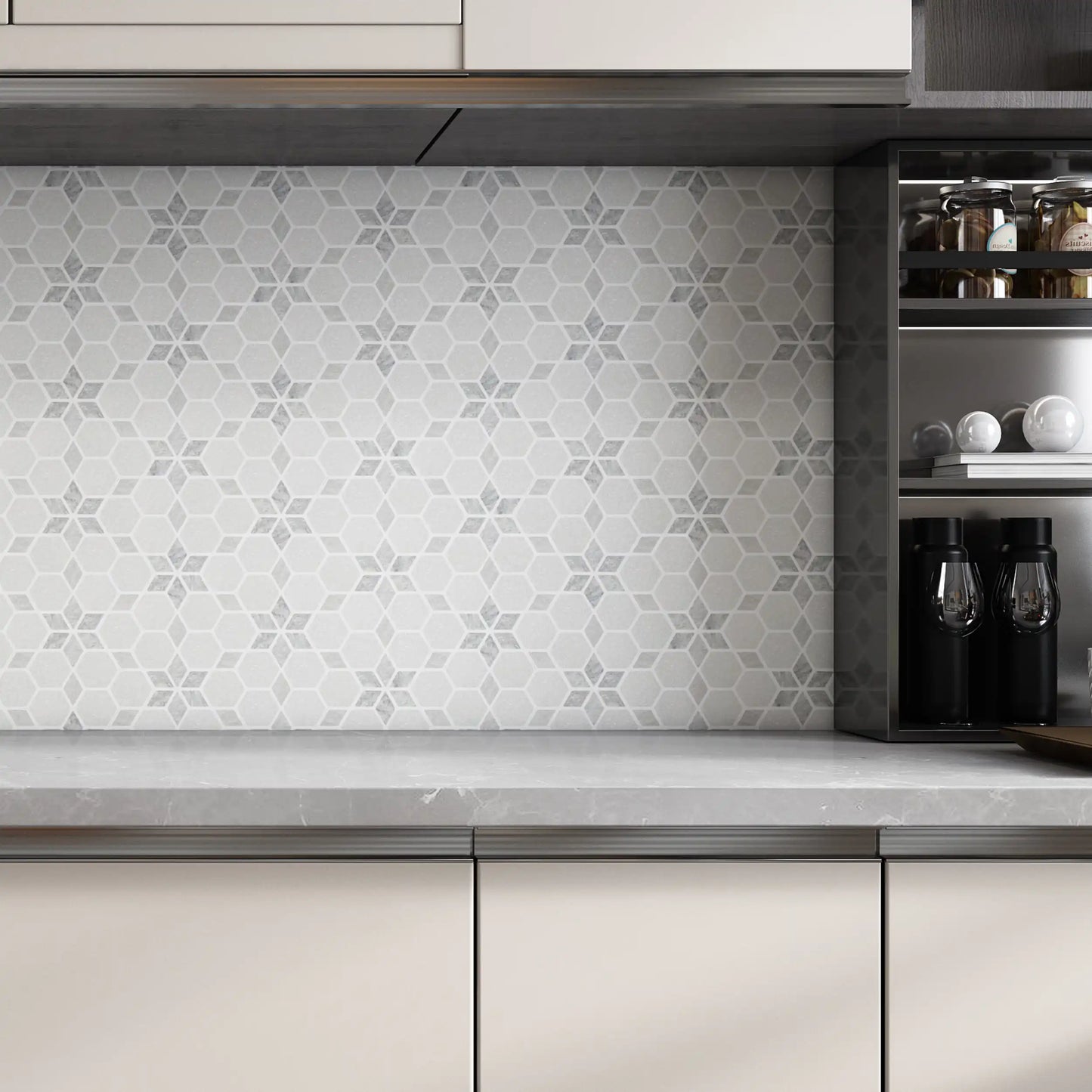 Close-up of Carrara White - Platinum Grey Tumbled Marble Starline Mosaic Tiles