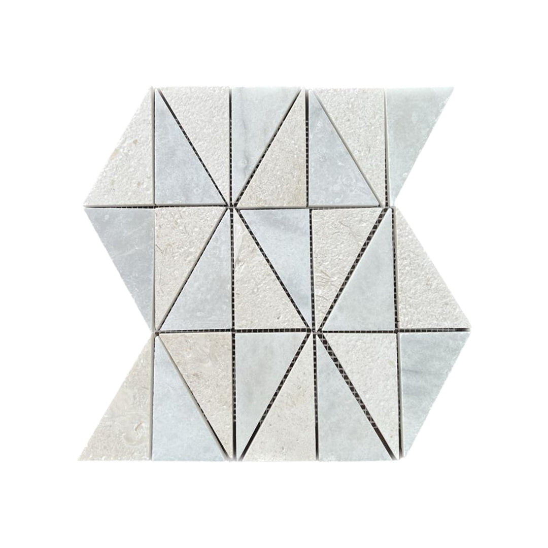 Myra Beige Brushed Limestone - Carrara White Honed Marble Triangle Mosaic Tiles UK