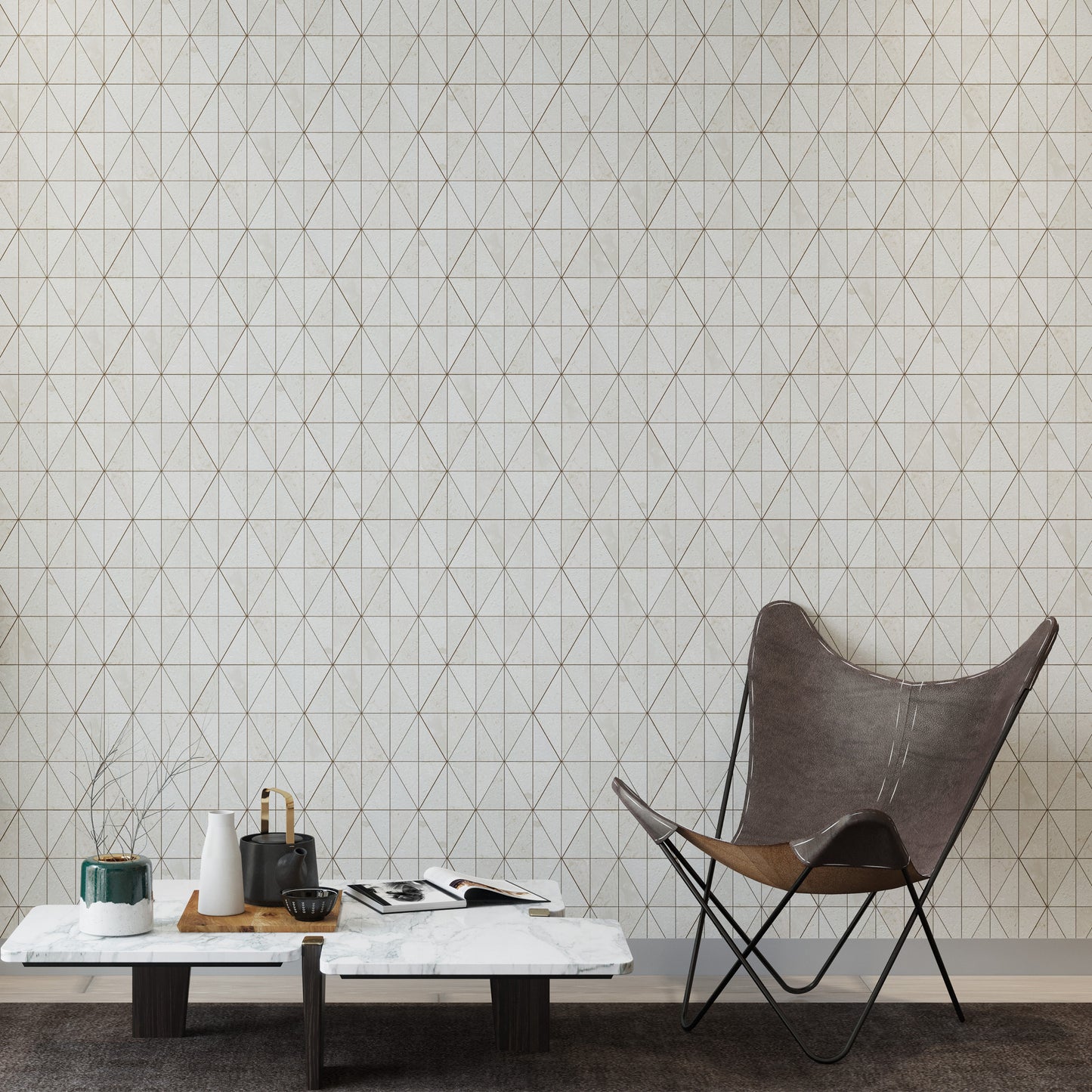 Close-up of Myra Beige Brushed Limestone Triangle Mosaic Tiles