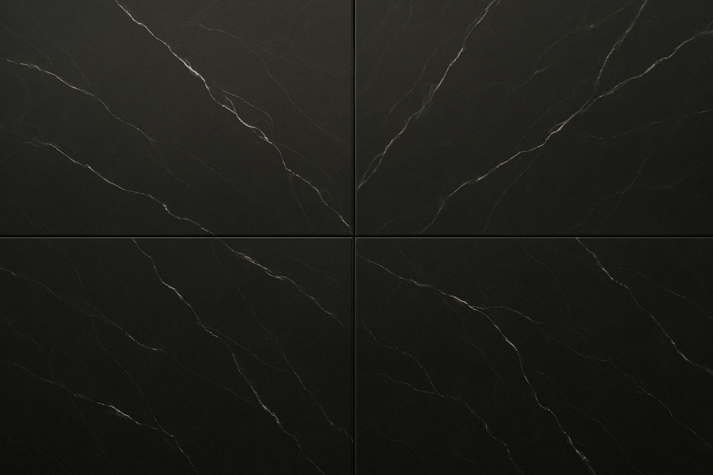 A photorealistic close-up of Nero Marquiana honed marble tiles in 305x610 mm format. The surface is smooth matte with a deep black background and fine white veining. Tiles are aligned in a modern grid layout, showing realistic grout lines. Soft natural light enhances the honed finish and luxurious texture of the marble. Ultra-realistic photography style.