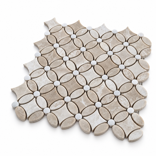 Belgravia Beige Polished Marble Flower Mosaic Tiles: angled sheet view showing stone edges and thickness