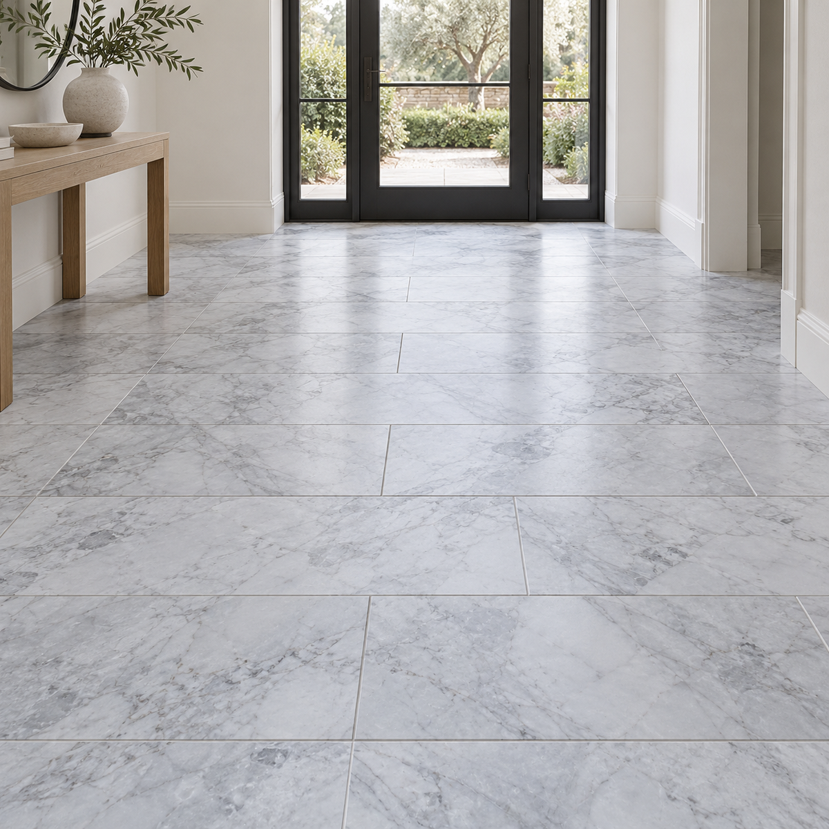 Calacatta Nimbus Cloud Honed Marble tiles installed on an entrance hallway floor
