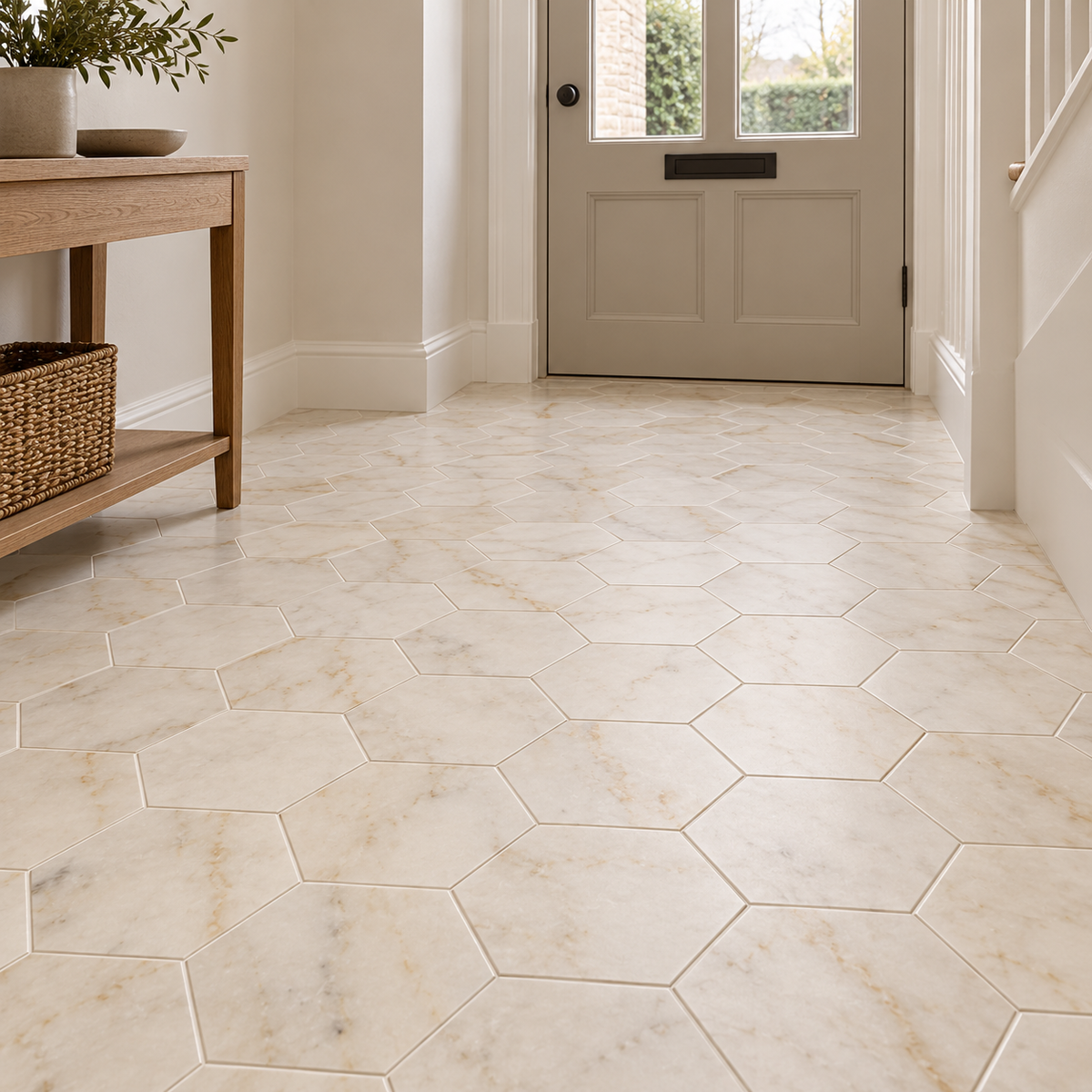 Calacatta Sugar honed marble hexagon tiles installed on an entrance hallway floor