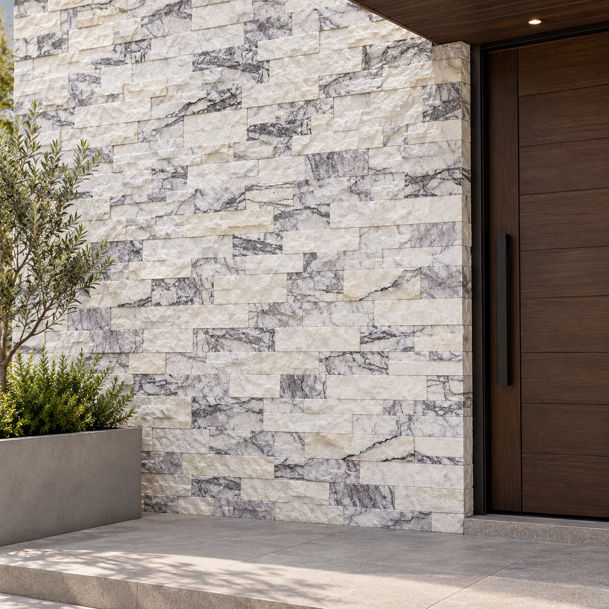 Calacatta Viola split face marble wall cladding beside a dark timber door and planter in an exterior entrance visualisation.