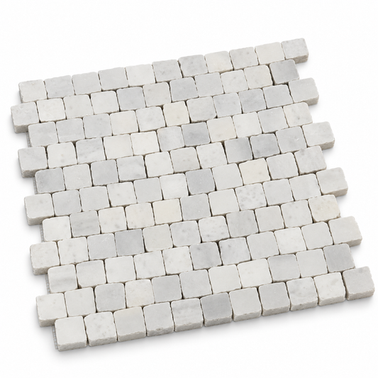 Carrara White Honed Marble Rustic Edge Square Mosaic Tile — angled sheet showing 10 mm natural marble edges and mesh backing
