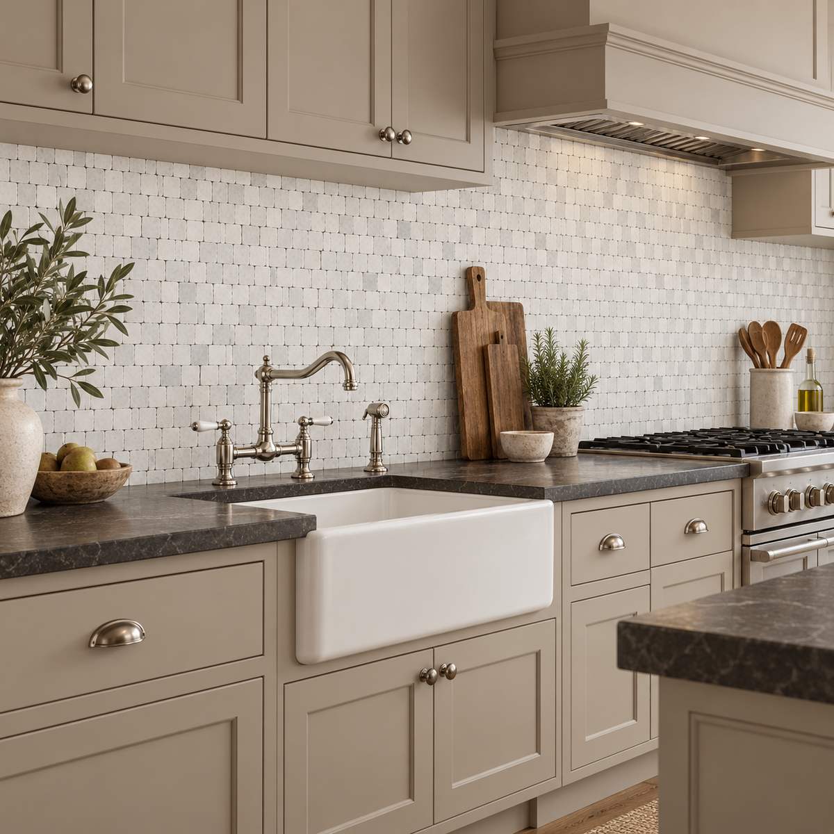 Carrara White Honed Marble Rustic Edge Square Mosaic Tile — installed as a kitchen mosaic splashback