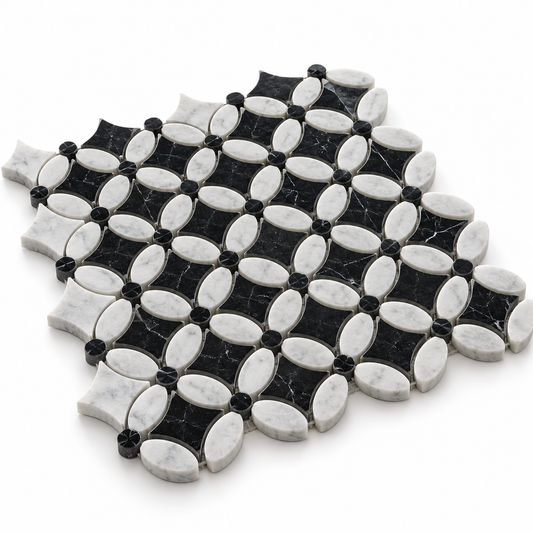 Carrara White- Nero Marquina Polished Marble Flower Mosaic Tiles (Black Dot) — angled sheet showing 10 mm marble edges and mesh backing