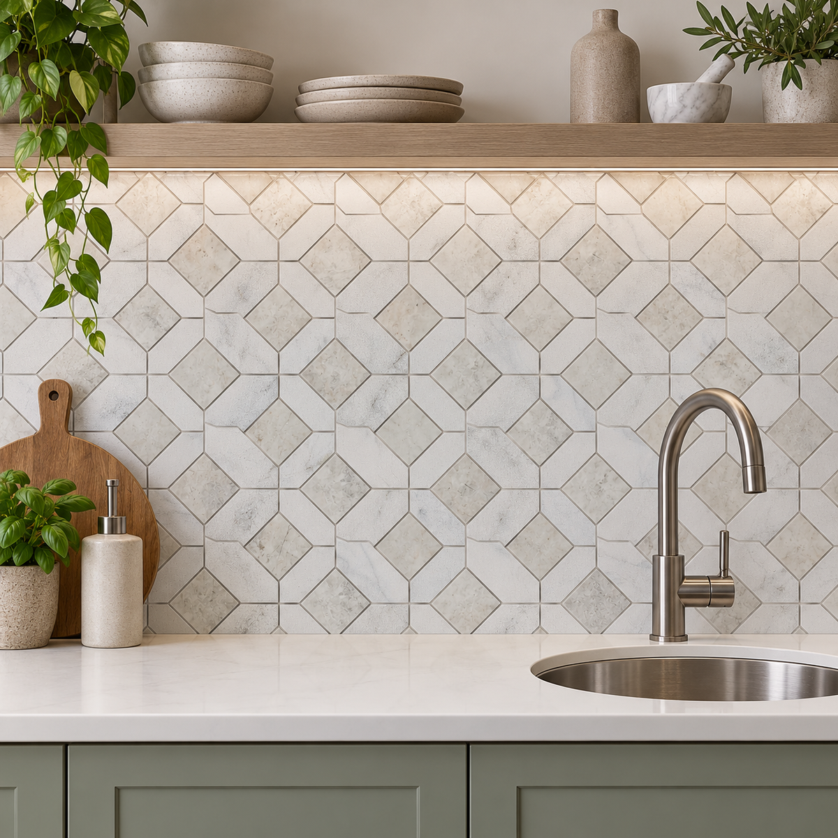 Carrara White - Nimbus Honed Marble Window Mosaic Tiles – honed window-pattern mosaic kitchen splashback above a white quartz worktop.