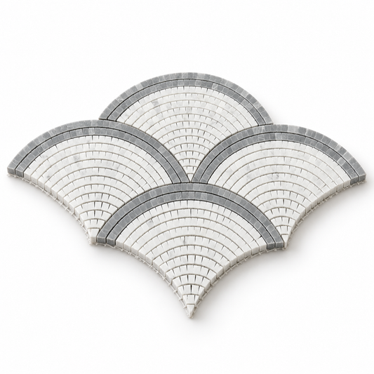 Carrara White and Platinum Grey Fan / Scallop Honed Marble Mosaic Tile — angled sheet showing 10 mm marble edges and mesh backing