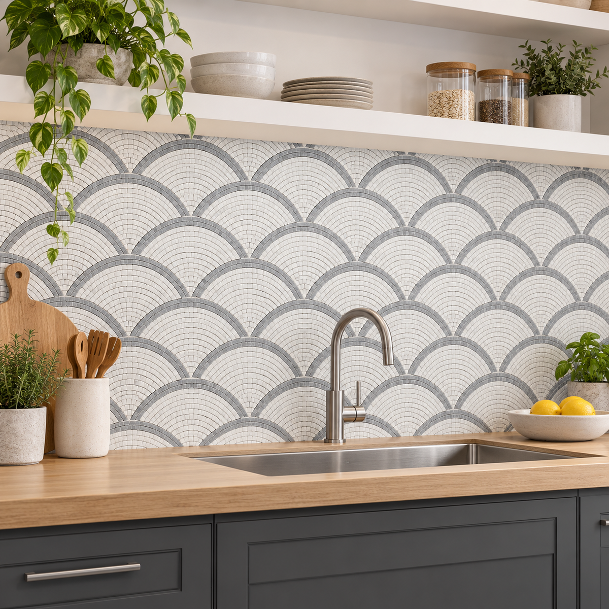 Carrara White and Platinum Grey Fan / Scallop Honed Marble Mosaic Tile — installed as a kitchen splashback