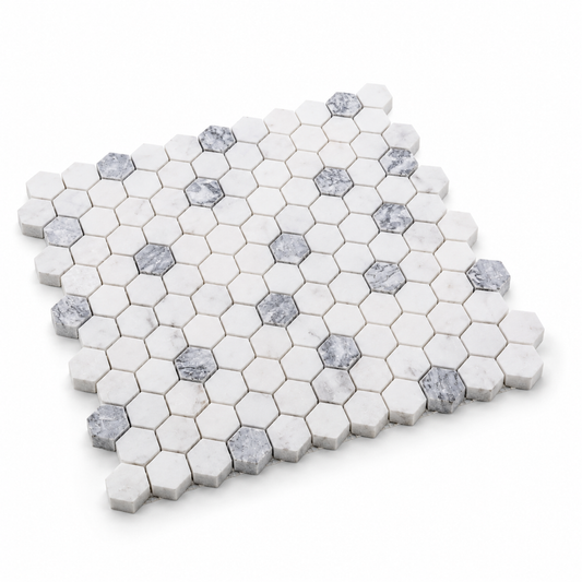 Carrara White- Platinum Grey Honed Marble Hexagon Mosaic Tiles 23x23 — angled sheet showing 10 mm marble edges and mesh backing