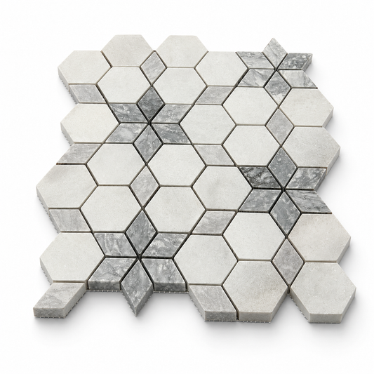 Carrara White - Platinum Grey Honed Starline Marble Mosaic Tiles — angled sheet showing natural marble edges and mesh backing