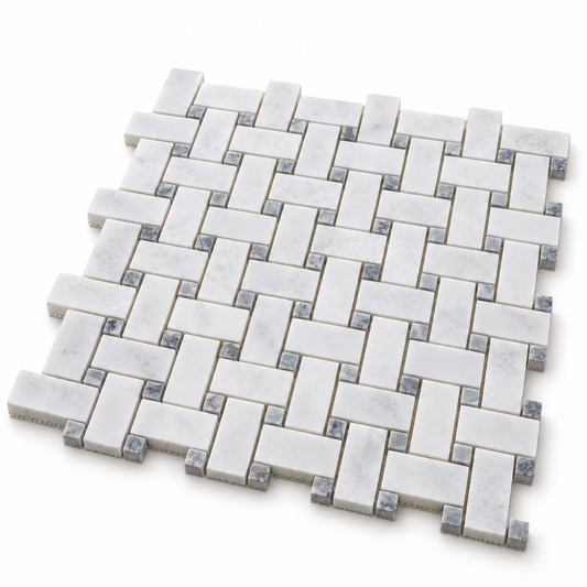 Carrara White - Platinum Grey Polished Marble Basket Weave Mosaic Tiles — angled sheet showing natural marble edges and mesh backing