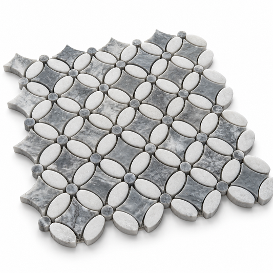 Carrara White – Platinum Grey Polished Marble Flower Mosaic Tiles — angled sheet showing 10 mm marble edges and mesh backing