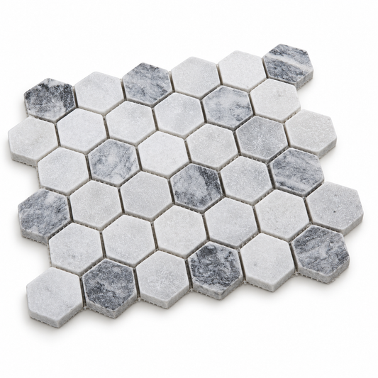 Carrara White - Platinum Grey Tumbled Marble Hexagon Mosaic Tiles 48x48 — angled sheet showing 10 mm marble edges and mesh backing