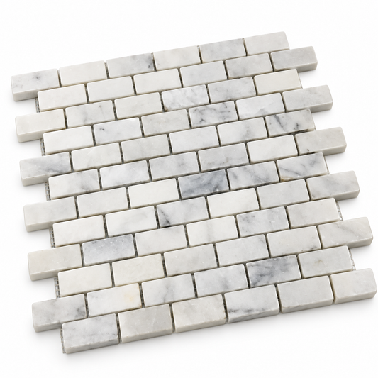 Carrara White Polished Marble Brick Mosaic Tiles — angled sheet showing 10 mm natural marble edges and mesh backing