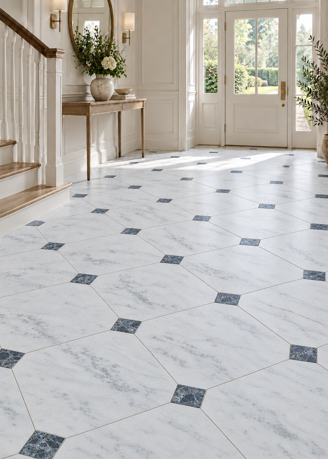 Carrara White Honed Marble Octagon Tiles: installed on an entrance hallway floor with Selene Honed square inserts