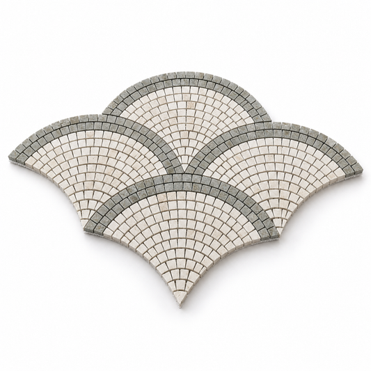 Creamy Beige - Rustic Green Fan / Scallop Honed Limestone Mosaic Tile — angled view of natural stone edges and mesh backing