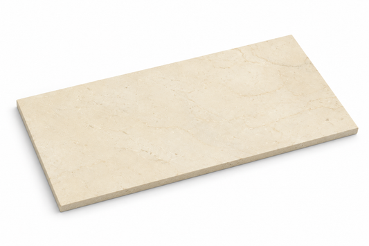 Crema Marfil Premium Honed Cream Marble tiles: angled view showing the stone face and thin raw sawn edges