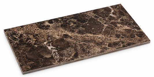 Dark Emperador Premium Honed Brown Marble Wall & Floor Tiles: angled view showing natural stone face and thin raw sawn edges