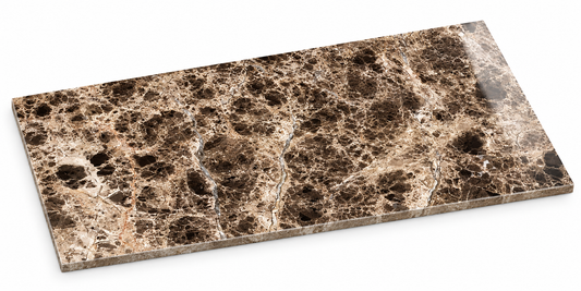Dark Emperador Premium Polished Marble Wall & Floor Tiles: angled view showing natural stone face and thin raw sawn edges