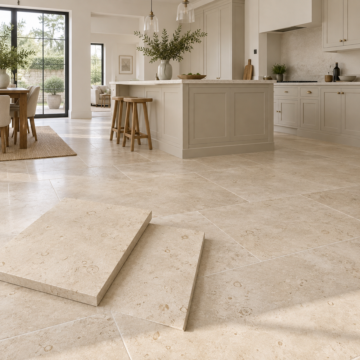 Dijon honed limestone tiles in a warm contemporary kitchen