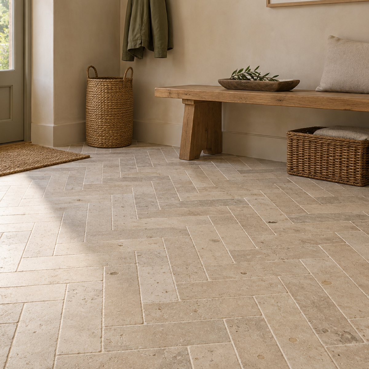Dijon tumbled limestone parquet tiles
