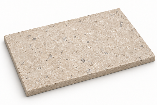 Dijon seasoned limestone tile, 900 x 600 mm, showing an aged surface and 30 mm edge