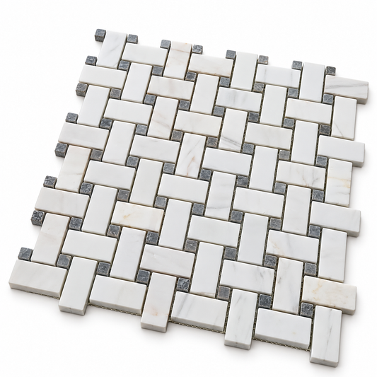 Dolomite - Platinum Grey Polished Marble Basket Weave Mosaic Tile — angled sheet showing natural stone edges and mesh backing