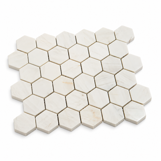 Dolomite polished marble hexagon mosaic sheet, angled view showing 10 mm stone edges