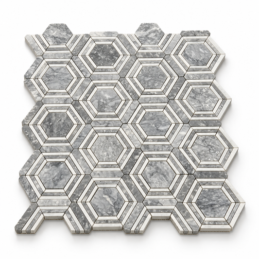 Framed Hexagon Carrara White Platinum Grey Honed Marble Mosaic Tile — grey-centre variant — angled sheet showing natural stone edges and mesh backing