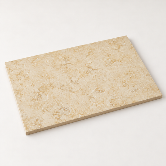 Jerusalem Antique Gold honed limestone tile, angled view showing the smooth matt surface and 15 mm edge