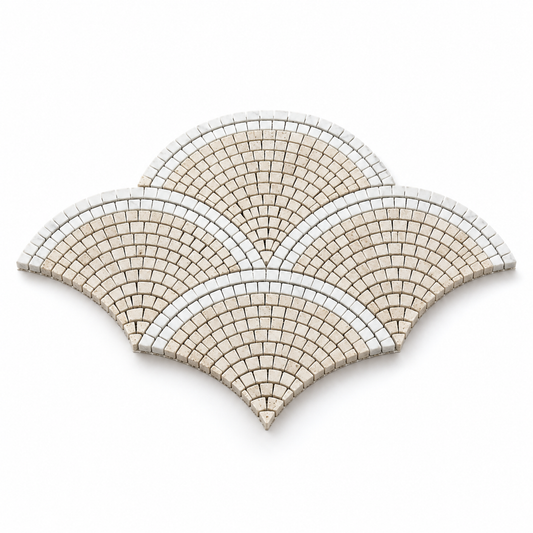 Limestone - Dolomite Fan / Scallop Honed Marble Mosaic Tile — angled sheet showing natural stone edges and mesh backing