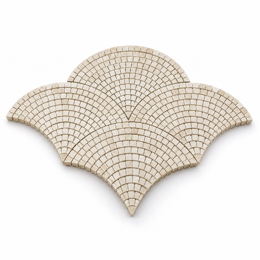 Limestone Fan / Scallop Honed Mosaic Tile — angled sheet showing natural stone edges and mesh backing