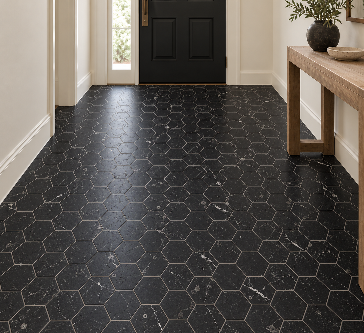 Nero Marquina Honed Hexagon Marble Wall & Floor Tiles: installed on an entrance hallway floor