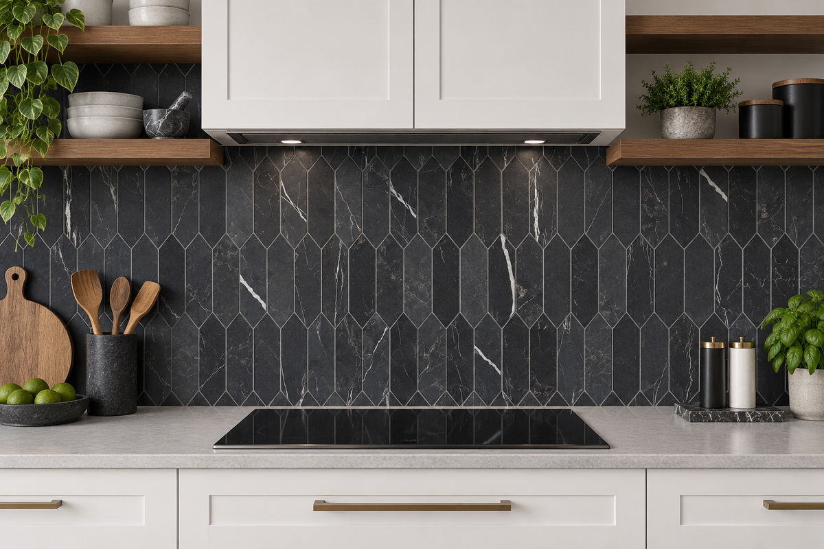 Nero Marquina Honed Marble Picket Mosaic Tiles — vertical black marble picket kitchen splashback