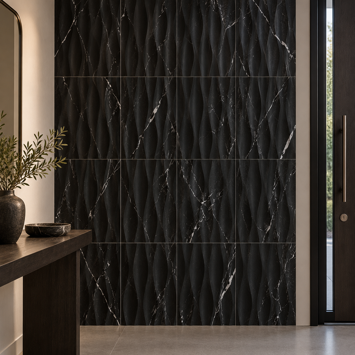 Nero Marquina Wave Marble Tile: installed on an entrance accent wall