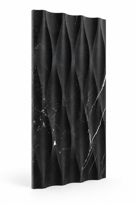 Nero Marquina Wave Marble Tile: angled view showing natural stone face and thin raw sawn edges